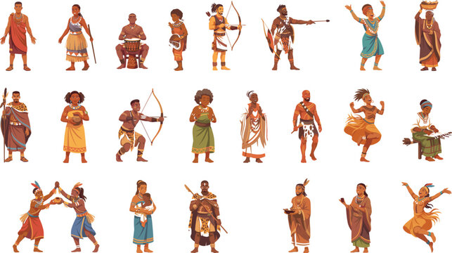 Indigenous People and Ancient Tribal Warriors Character Vector Set with Hunters Holding Bows Archers Shaman Dancing and Traditional Tribesmen Isolated on White