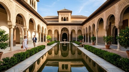 Fototapeta premium Alhambra courtyard, Granada, Spain. Tourists admire reflection pool and Moorish architecture.
