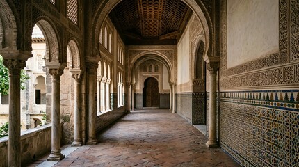 Obraz premium Alhambra Palace Corridor with Arches and Moorish Tiles