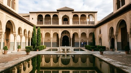 Fototapeta premium Alhambra Palace Courtyard Fountain and Reflection in Granada, Spain