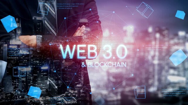 Businessman in Suit Overlooking Future Technology Concept Featuring Web 3.0 and Blockchain with City Skyline Background. Entropy.