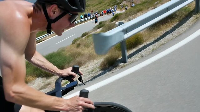 Riding shirtless cyclist nearing curve, gripping aero bars, raising head, checking mountain road