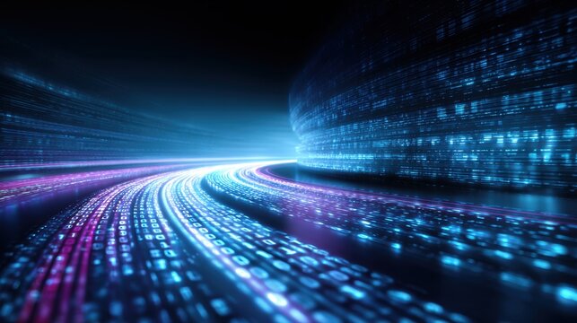 Abstract digital highway showcasing glowing data streams and futuristic binary code flowing through a curved tunnel in a high-tech neon environment