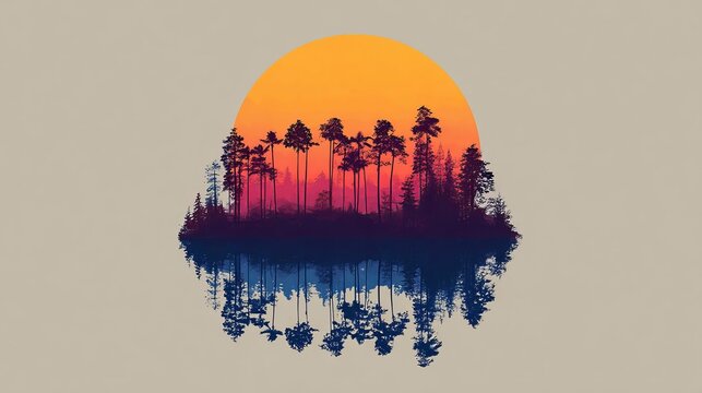 Sunset reflection over tranquil lake with silhouette of pine trees creating a serene atmosphere in the evening light