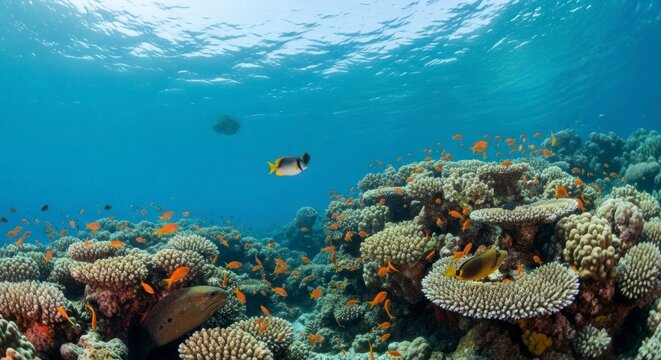 Sunlit Coral Reef teeming with Anthias, Butterflyfish, and a Giant Moray Eel