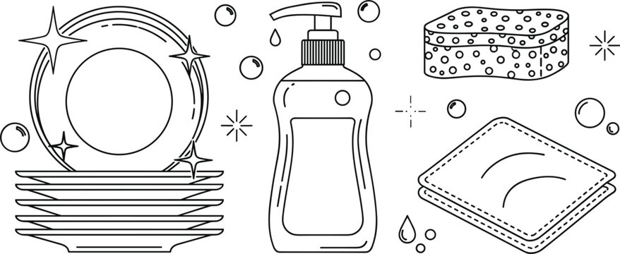 Dishwashing cleaning liquid soap dispenser bottle sponge plate outline vector icon set for housework kitchen chores domestic hygiene