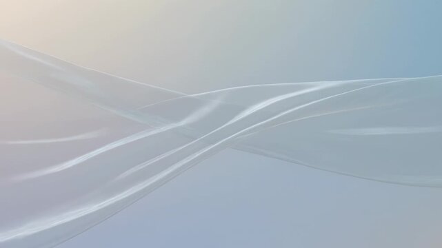 Arcing broad ribbon initiating motion from left, translucent bands undulating over pastel gradient