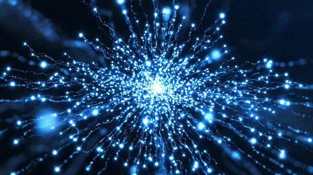 Abstract Blue Energy Burst: A vibrant explosion of glowing blue particles radiates outwards from a central core, creating an abstract representation of energy, data, or cosmic phenomena.