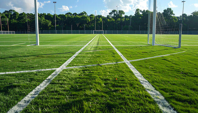 Freshly mowed green sports field with crisp white lines leading towards the distant goalposts, ready for a match