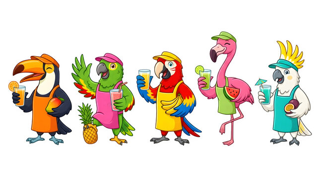 Set of cute tropical birds as bartenders with fruit drinks isolated on transparent background