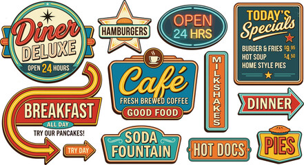 Fototapeta premium Vintage Retro Diner Neon Signs Vector Element Set Featuring Café Breakfast Milkshakes Burgers and Hot Dogs Typography Board for American Restaurant Menu Branding