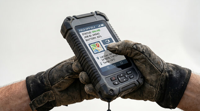 Hand Holding Rugged Industrial Handheld Computer at Construction Site &ndash; Field Data Collection Device