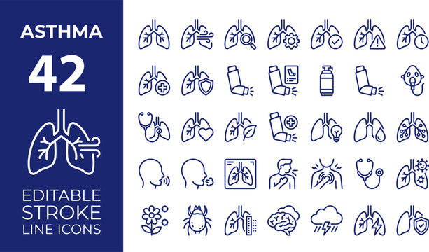 Asthma and respiratory health web icons in line style. Lungs, inhaler, allergy, medical, treatment, nebulizer, coughing, breathing collection. Editable stroke medical outline icon set. Vector.