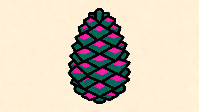 Colorful illustration of a stylized pinecone with green and pink geometric patterns on a beige background for decorative or design use.