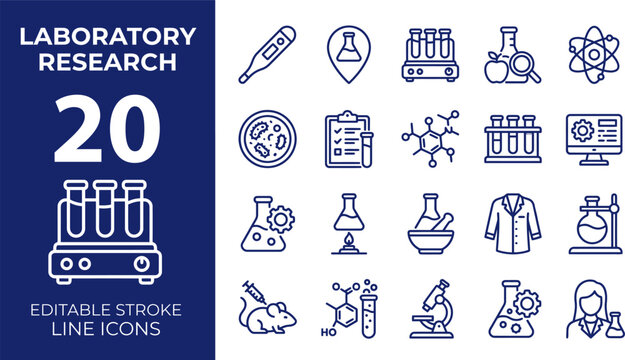 Laboratory science icon set. Chemistry, biology, research, experiment, lab equipment, molecule structure, DNA analysis, atomic reaction, medical innovation. Editable icons collection. Vector.