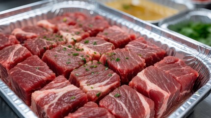 Fototapeta premium Freshly cut beef steaks arranged in a metal tray with seasoning in a kitchen setting