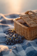 Obraz premium Wicker basket with fresh blueberry on checkered blanket during picnic. Rural lifestyle scene at sunset. Concept of summer leisure, healthy organic food and outdoor relaxation.