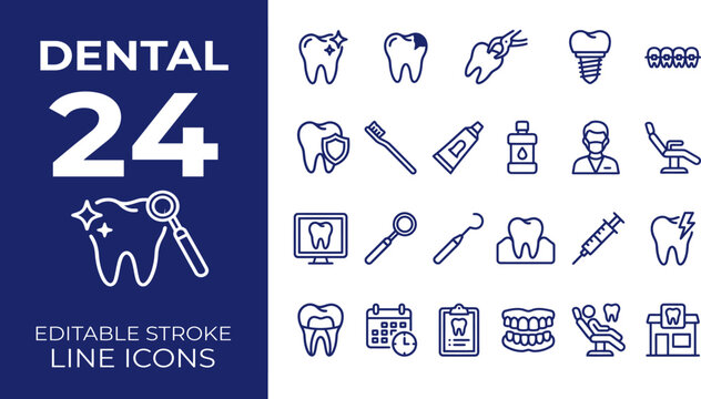 Dental and dentistry solid icon set. Includes symbols for tooth implant, braces, root canal, and dental clinic. Vector icons for healthcare projects and medical presentations.