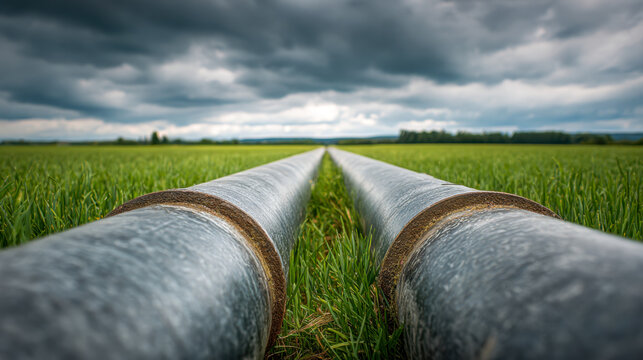 Two large rusty metal pipelines running parallel through a green grassy field under a dramatic cloudy sky in a rural landscape setting