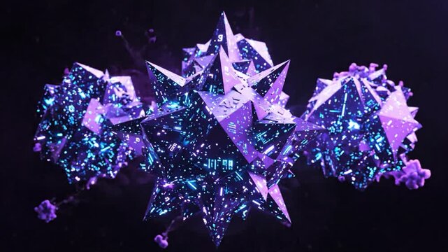 Abstract Geometric Crystal Formation: A striking abstract artwork featuring three interconnected geometric crystalline structures.