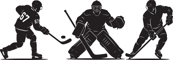 Silhouette hockey players in action, goalie, forward, and defenseman also transparent background, black outline © MeJaMa