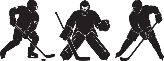Silhouette hockey players in action, also transparent background, black and white © MeJaMa