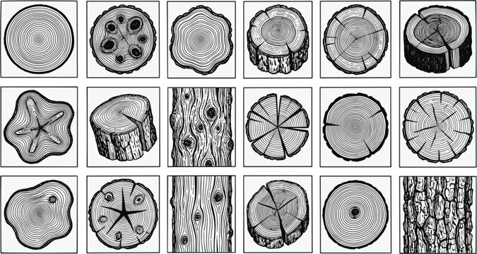 Vintage Wood Cross Section and Tree Trunk Bark Texture Line Art Set Featuring Log Rings Timber Slices and Engraving Style Forest Elements