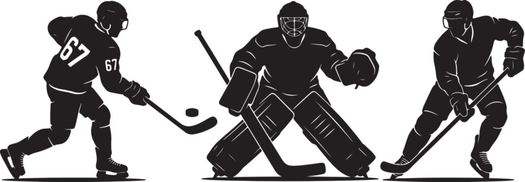 Silhouette hockey players in action, goalie, forward, and defenseman also transparent background, black outline