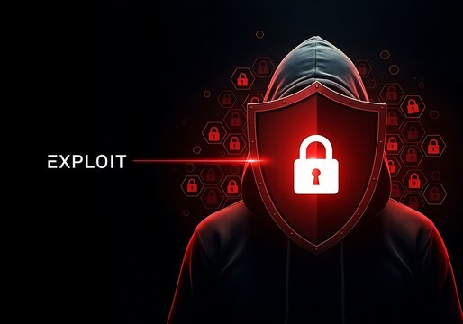Cybersecurity threat concept anonymous hacker with shield and lock digital exploitation illustration