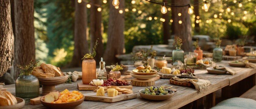 Long rustic wooden table set for outdoor dinner party in forest. Appetizers with cheese, fruit and bread on table under string light bulbs. Evening gathering celebration concept.