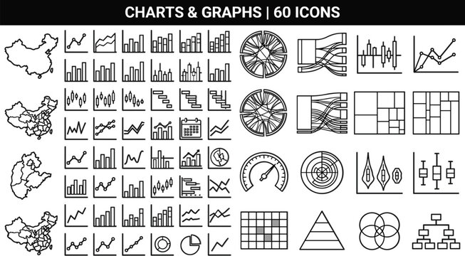 Comprehensive Charts and Graphs Icon Set with Business Data Visualizations, Maps, Infographic Elements, and Analytics Symbols for Corporate Reports and Dashboard Designs