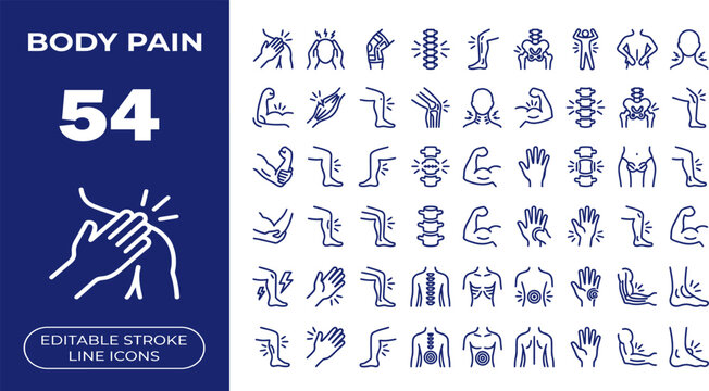 Body Pain and Anatomy outline icon set. Featuring headache, back pain, knee ache, joint pain, and shoulder injury symbols. Editable stroke vector icons for medical apps and physiotherapy sites.
