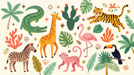 Obraz premium Tropical Jungle Wildlife Pattern Featuring Various Exotic Animals and Botanical Elements in a Colorful Flat Illustration Design