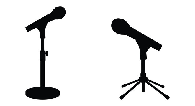 Microphone with stand silhouette against a white background a simple black graphic outline mic vocal
