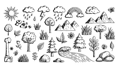 Obraz premium Nature icons set with weather landscape plants and insects