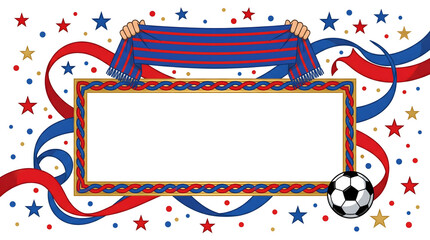 Obraz premium Colorful soccer themed banner with red blue ribbons and stars isolated on white background
