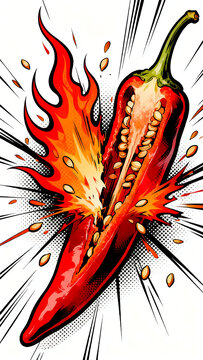 Vibrant red chili pepper exploding with flames and seeds flying out in a dynamic comic book style illustration with bold lines and bright colors on white background.