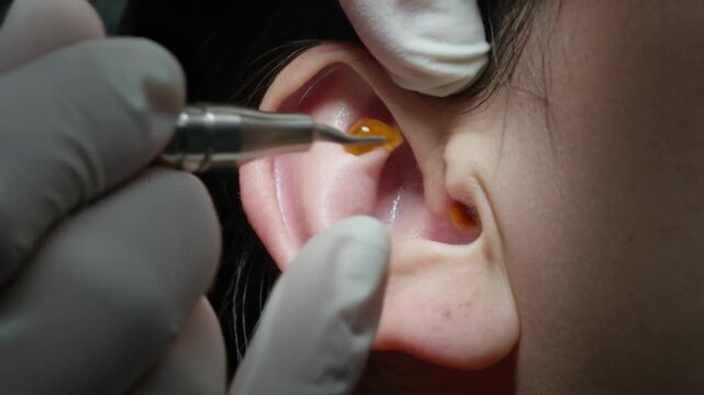 Pulling back right ear staff wearing gloves inserting curette removing cerumen cleaning in clinic