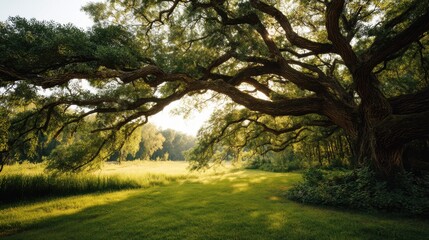 Fototapeta premium Large old oak tree with sprawling branches in a sunny meadow. Natural landscape with green grass and forest background. Peaceful scenery for environmental and tranquil nature concept.