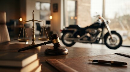 Obraz premium Legal consultation with motorcycle enthusiast in modern office environment - law and lifestyle fusion