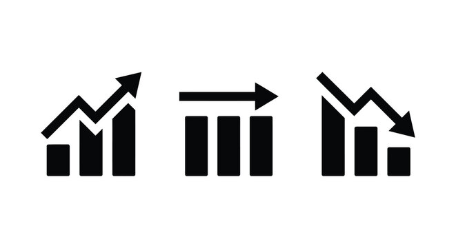 Bar graph silhouettes depicting growth stability and decline on a white background silhouette graphs charts