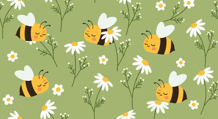 Obraz premium Whimsical seamless pattern with cute bumble bees and white daisy flowers on a soft green background perfect for nursery or garden themes.