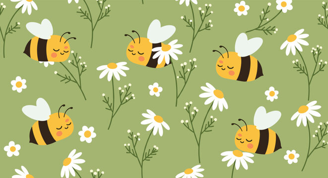 Whimsical seamless pattern with cute bumble bees and white daisy flowers on a soft green background perfect for nursery or garden themes.