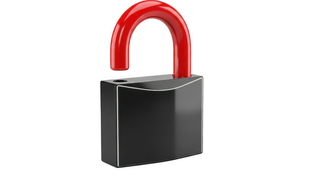 A 3 d rendered open padlock with a glossy black rectangular body and a bright red curved shackle, isolated against a solid black background