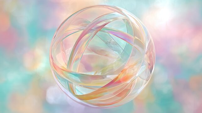Iridescent glass sphere with intersecting rings inside. Abstract 3D geometric shape with holographic light reflections. Futuristic design element for modern digital concept art.