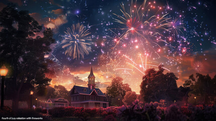 Naklejka premium Colorful Fireworks Exploding Over Historic Building at Night with Silhouetted Trees