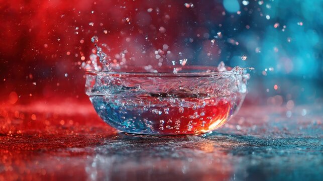 Glass bowl with splashing water on dark surface. Liquid drop falling into container creating dynamic ripple and splash effect. Abstract dual light contrast with red and blue glow.