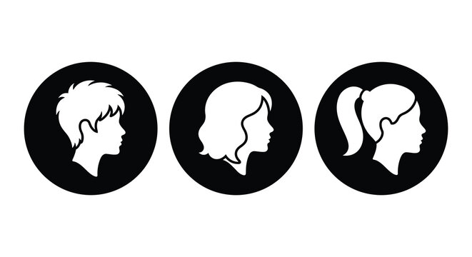 Three profile head silhouettes within circular frames black and white silhouette face human frame round