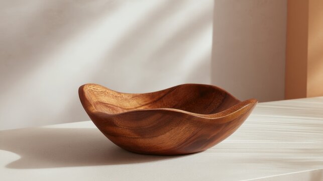 Empty wooden bowl with natural wavy edge on white table. Decorative handmade dish made of mahogany for organic food service or home interior. Minimalist design for rustic table setting.