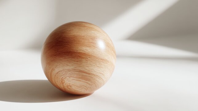 Wooden sphere on white surface. Minimalist composition with focus on natural texture and organic shape. Decorative element for modern interior design and architectural concept.
